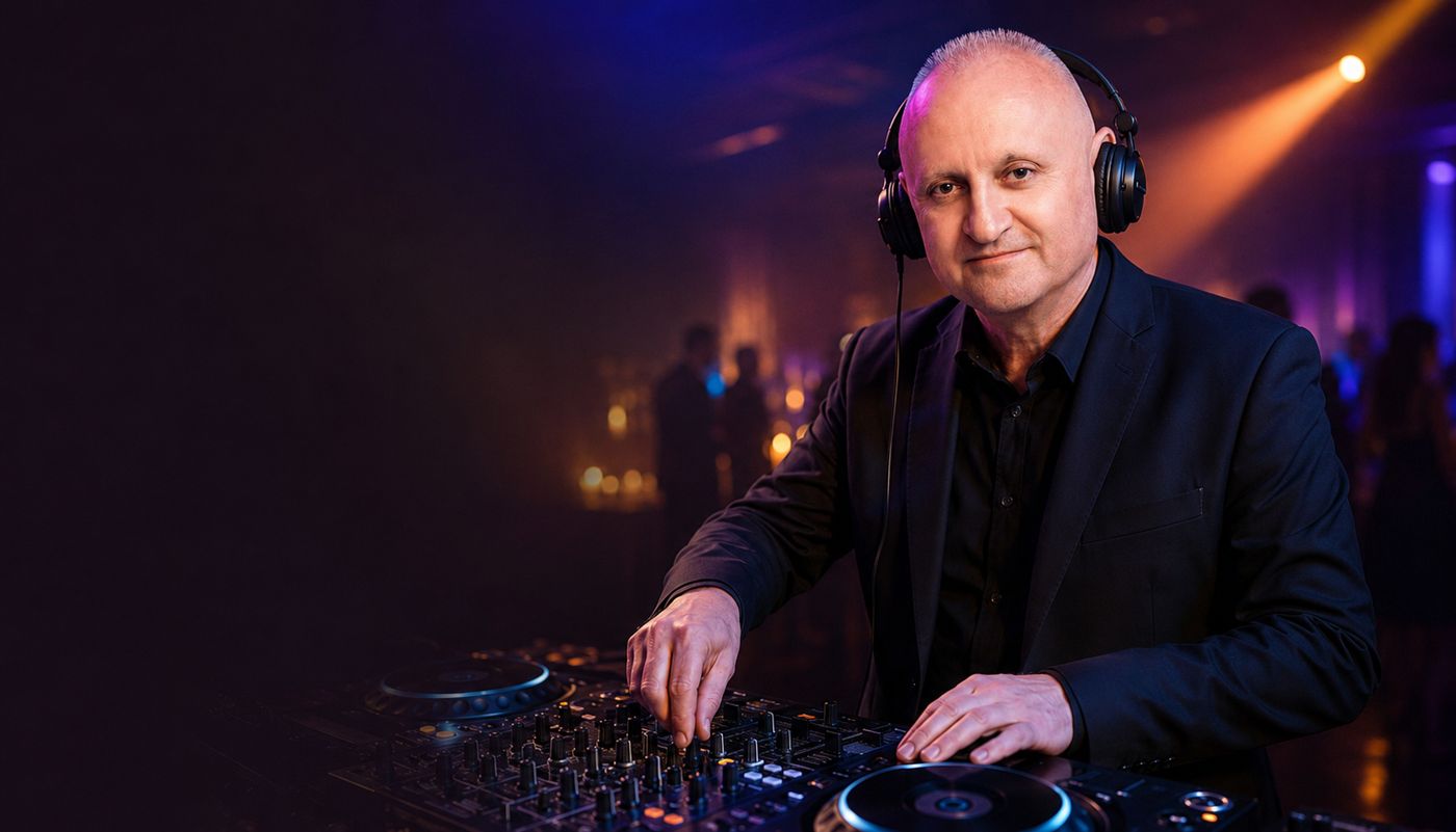 DJ Przemo Gadomski przy konsolecie DJ-skiej podczas imprezy w Mielcu