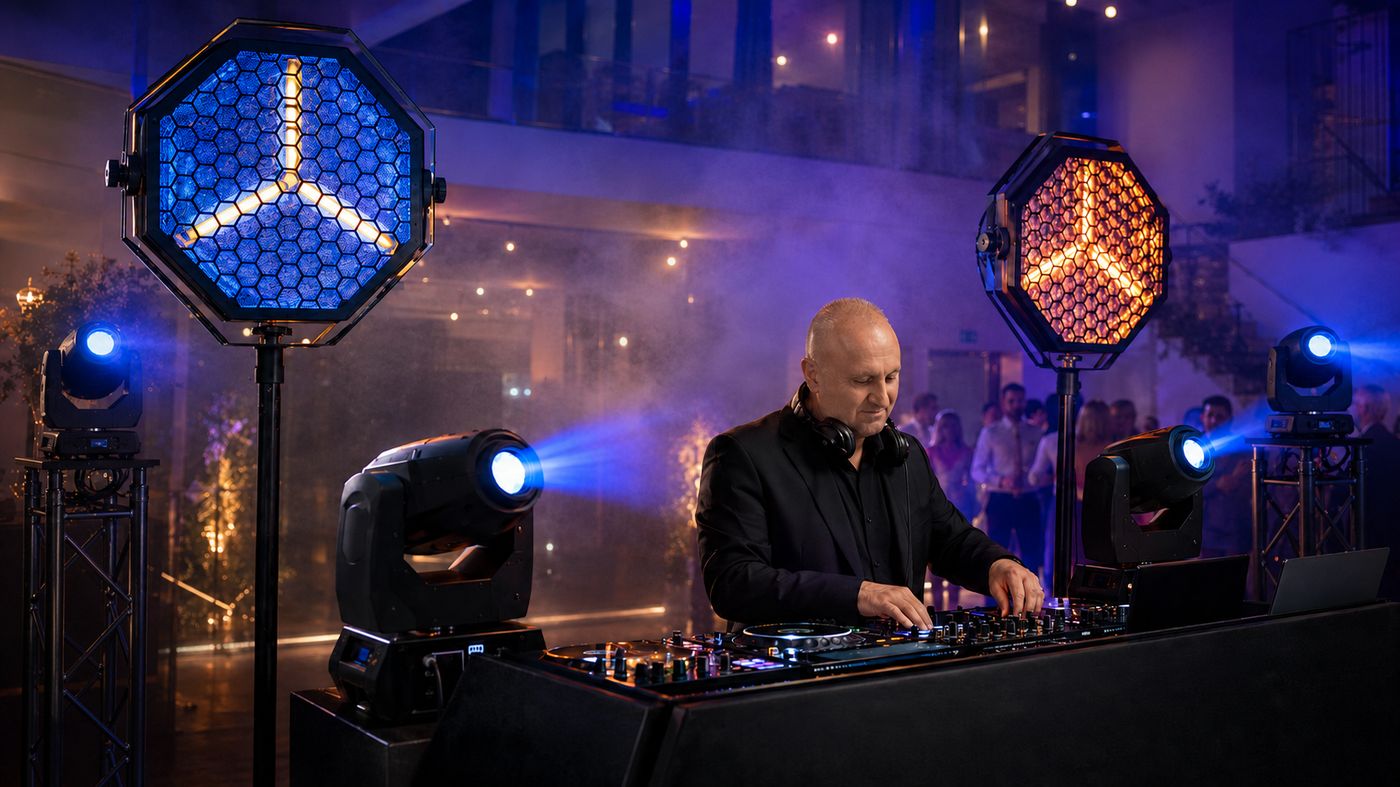DJ Przemo przy konsoli z profesjonalnym oświetleniem scenicznym podczas imprezy