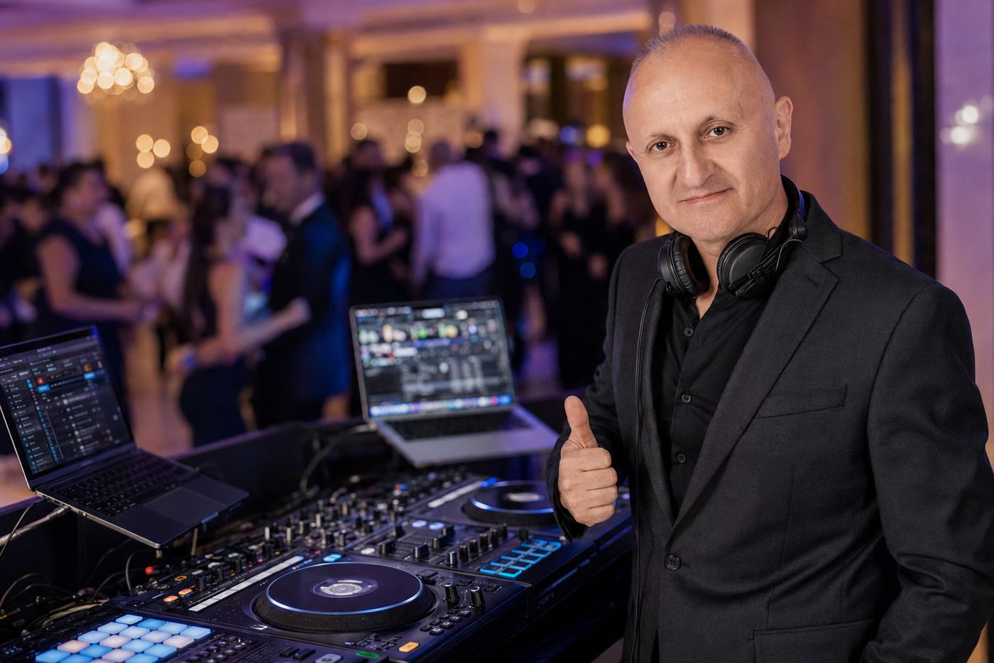 DJ Przemo przy sprzęcie DJ-skim, w tle bawiący się na parkiecie goście