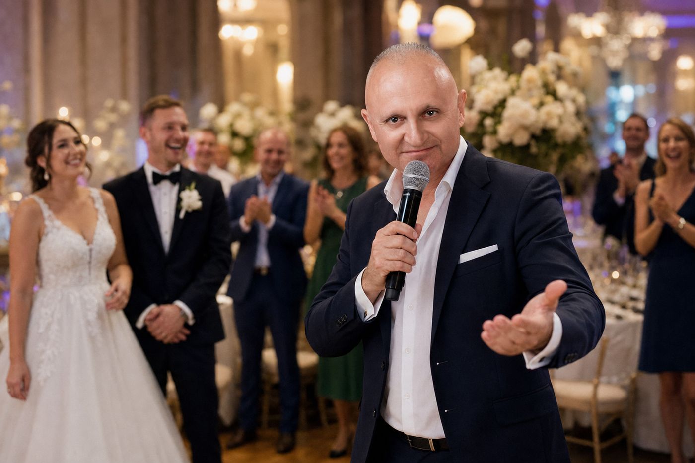 DJ Przemo prowadzący wesele z mikrofonem, w tle Para Młoda i goście