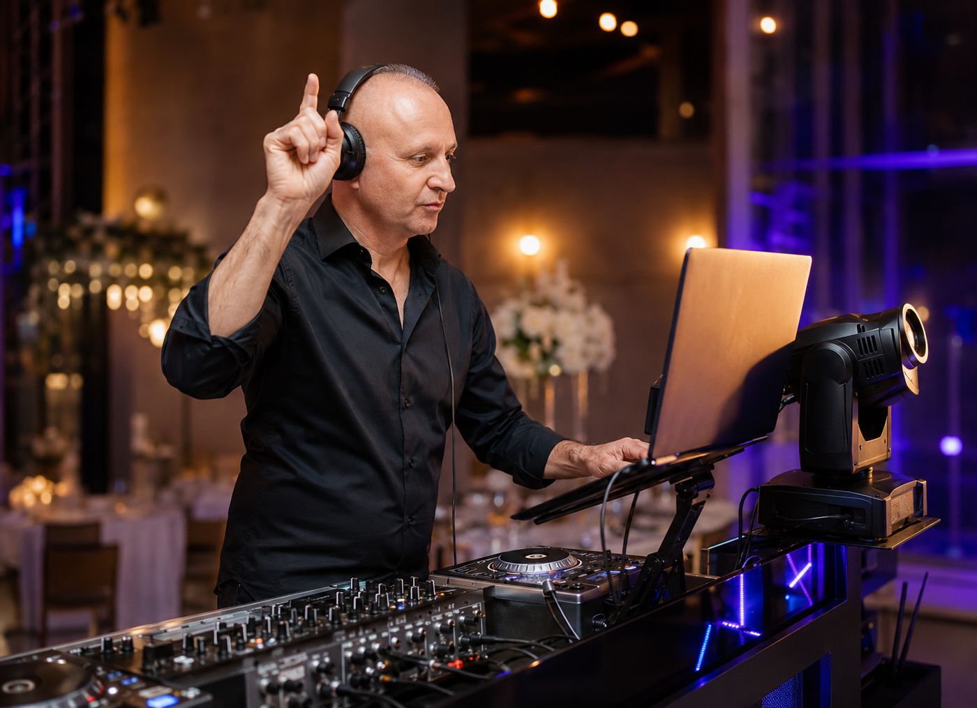DJ Przemo w słuchawkach podczas gry na konsoli, sala weselna udekorowana kwiatami
