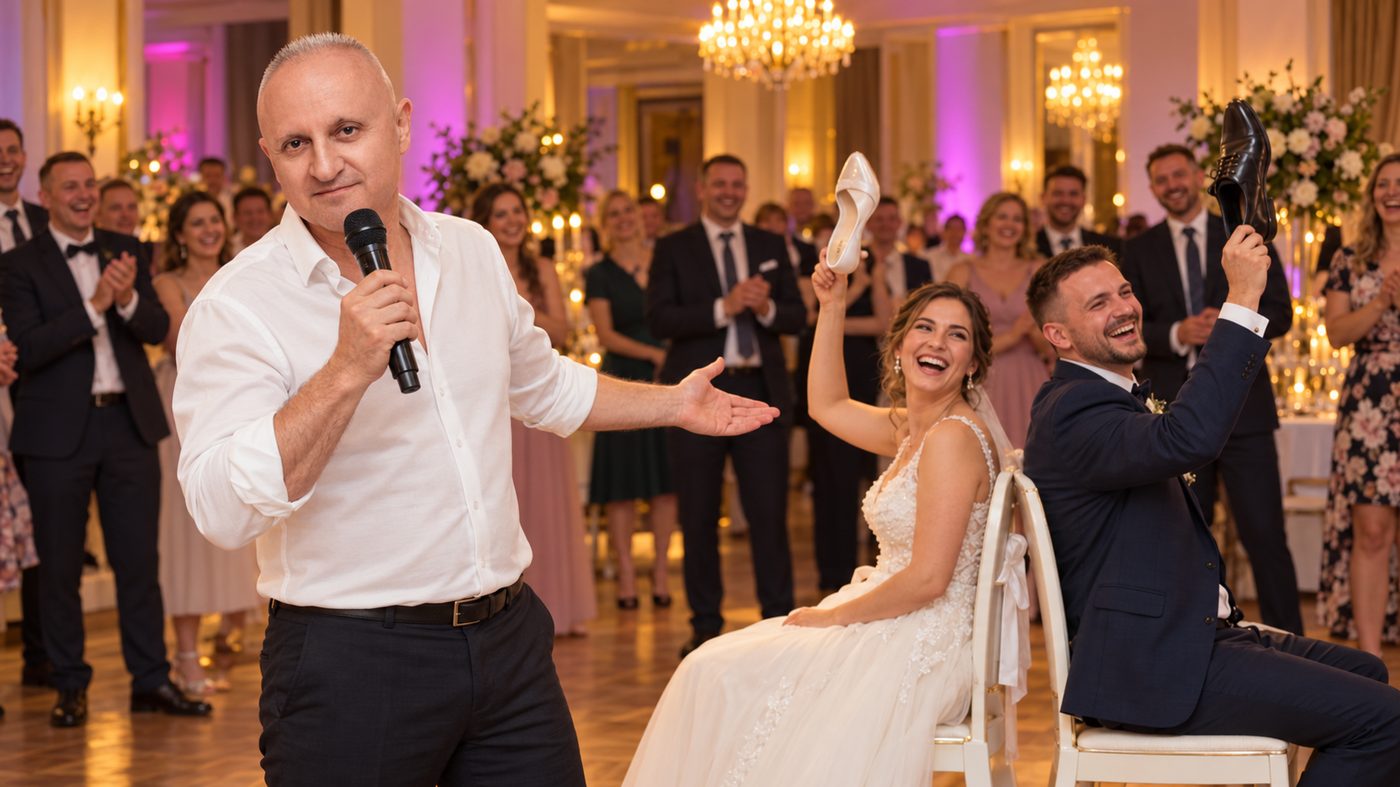 DJ Przemo jako wodzirej prowadzi konkurs weselny z butami pary młodej