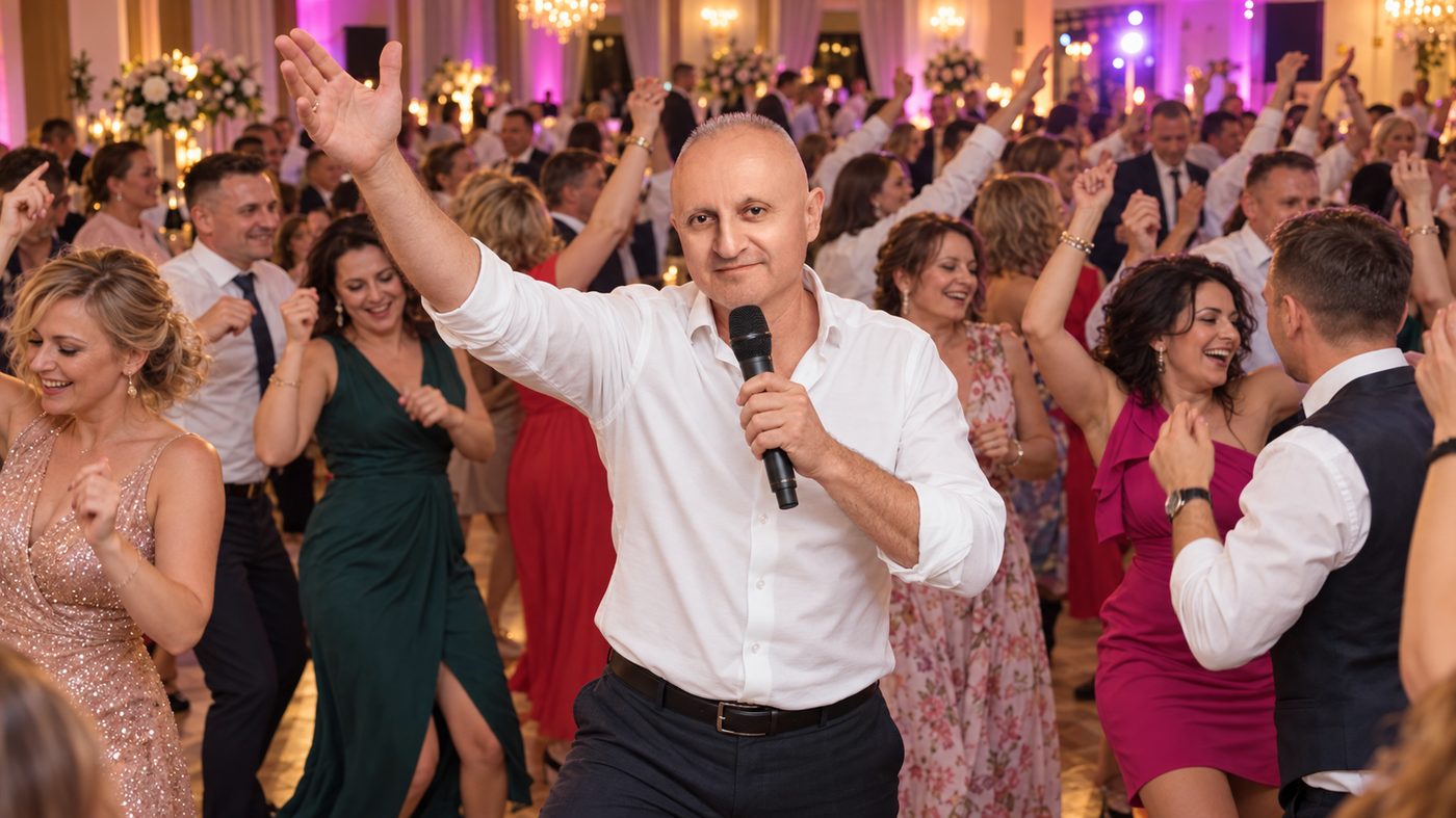 Wodzirej DJ Przemo bawi gości na parkiecie w trakcie zabawy weselnej